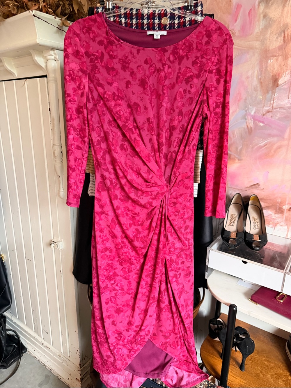 Halston Heritage Fuchsia Twist-Front Midi Dress - Picture 1 of 5